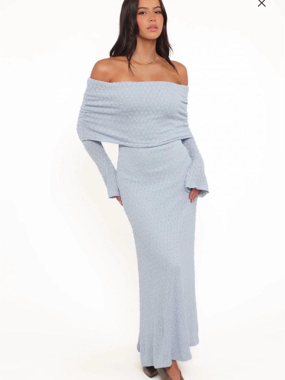 Petal & Pup Light Blue Off-Shoulder Strapless Knit Maxi Dress